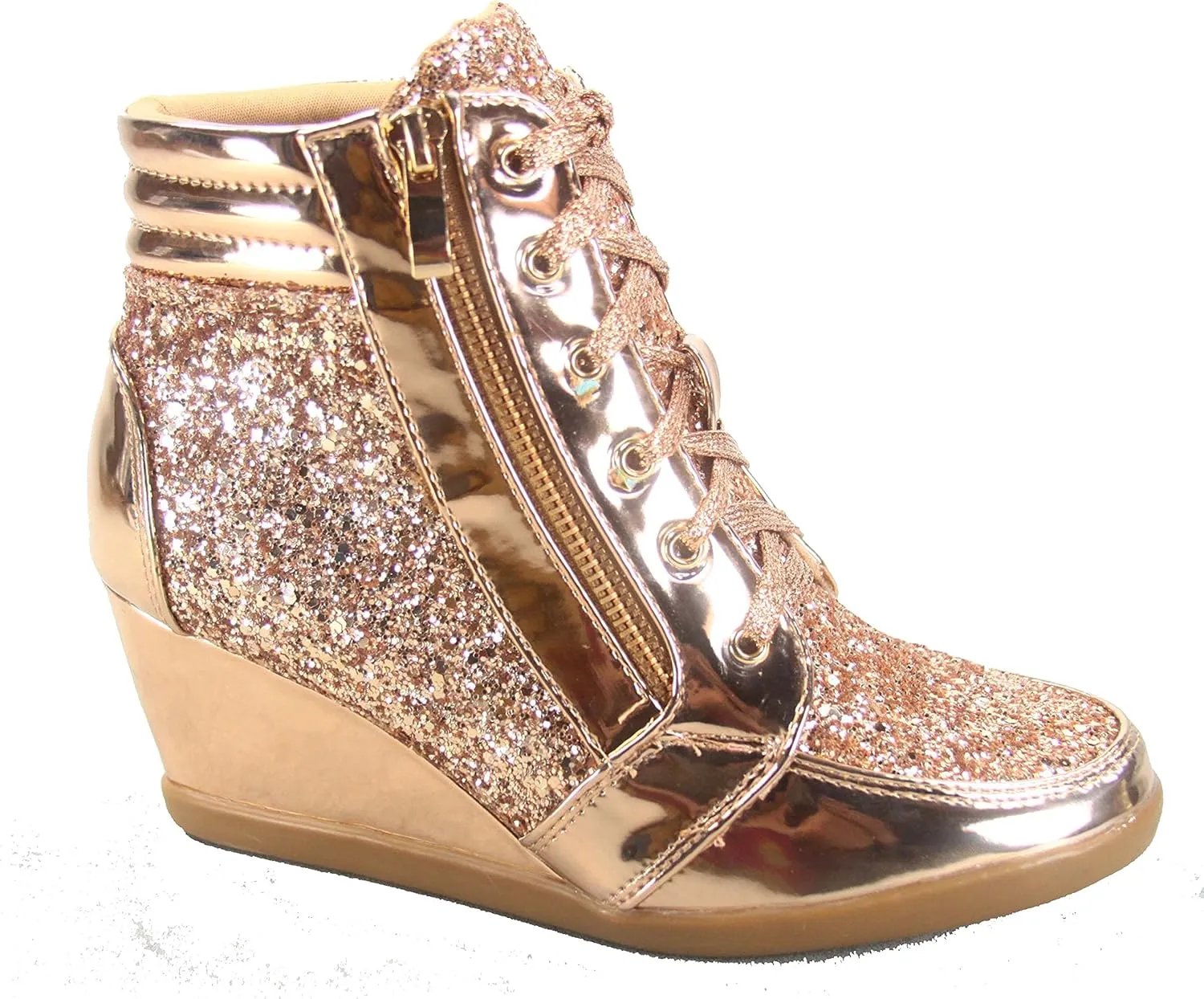 Forever Link Women's Fashion Glitter High Top Lace Up Wedge Sneaker Shoes