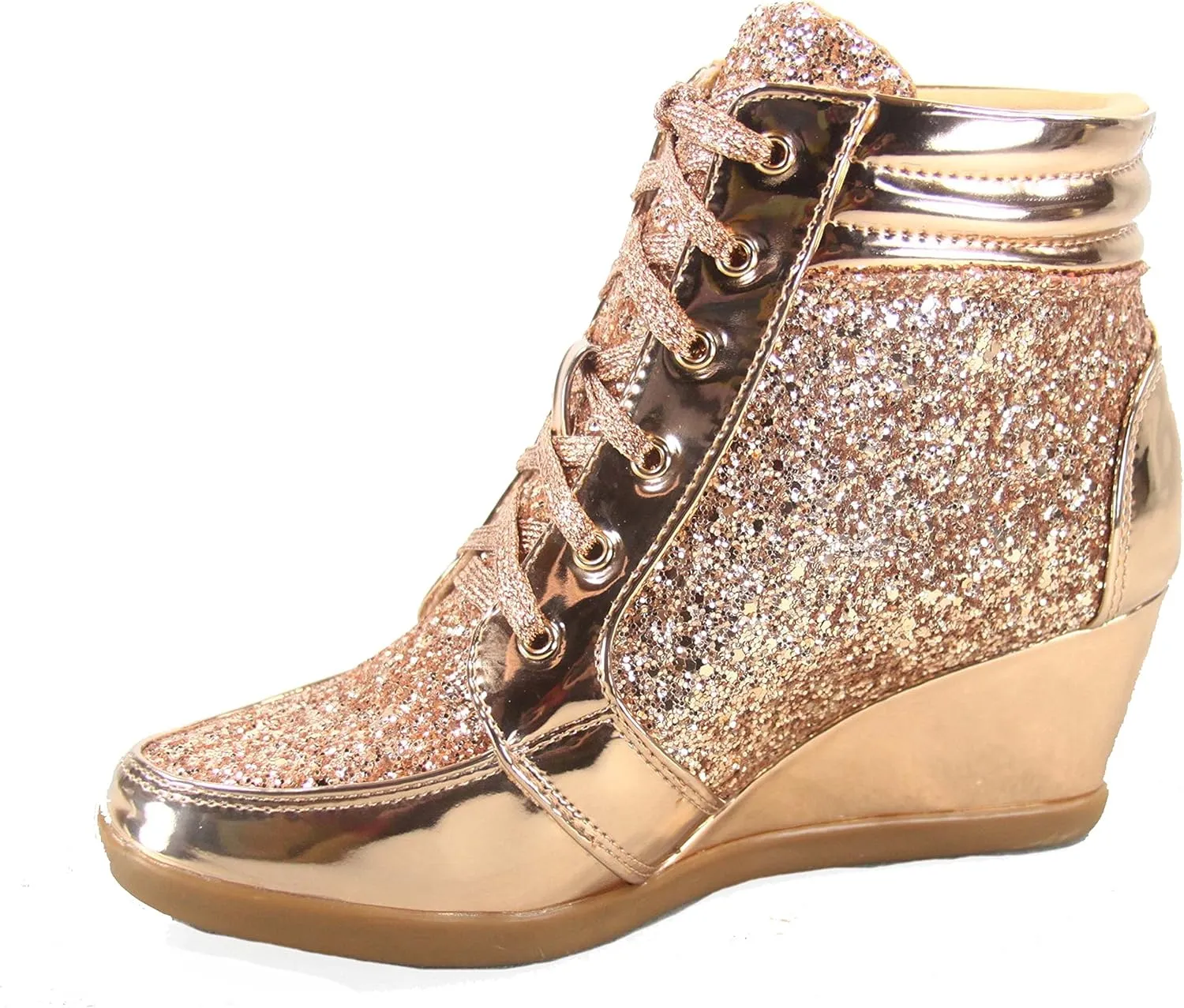 Forever Link Women's Fashion Glitter High Top Lace Up Wedge Sneaker Shoes