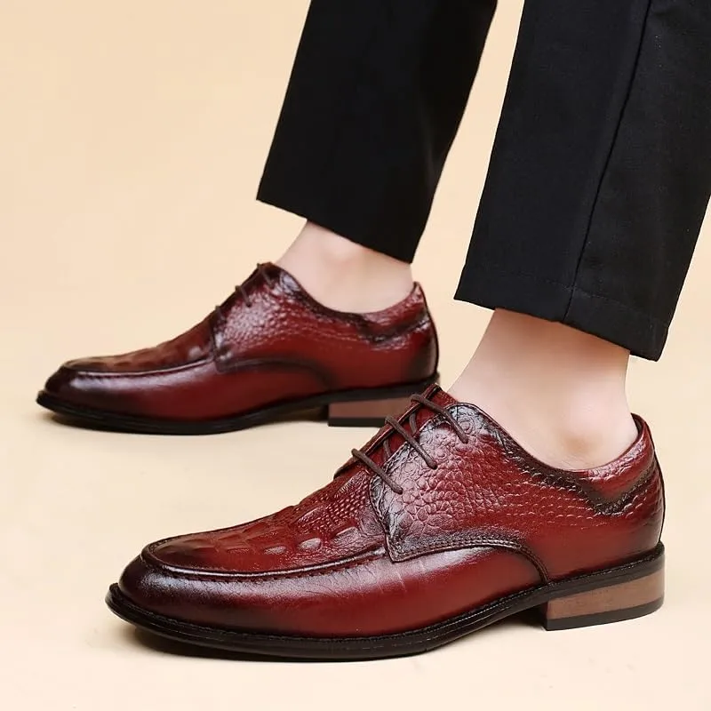 Formal Shoes Dress Oxford for Men Lace Up Round Burnished Toe Genuine Leather Crocodile Print Derby Shoes Non Slip Resistant Rubber Sole Anti-Slip