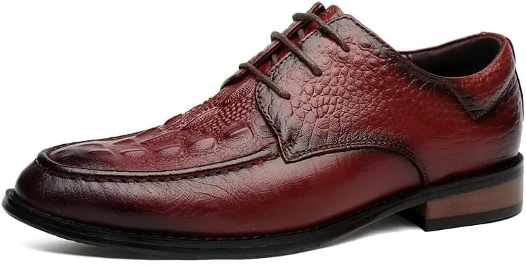 Formal Shoes Dress Oxford for Men Lace Up Round Burnished Toe Genuine Leather Crocodile Print Derby Shoes Non Slip Resistant Rubber Sole Anti-Slip