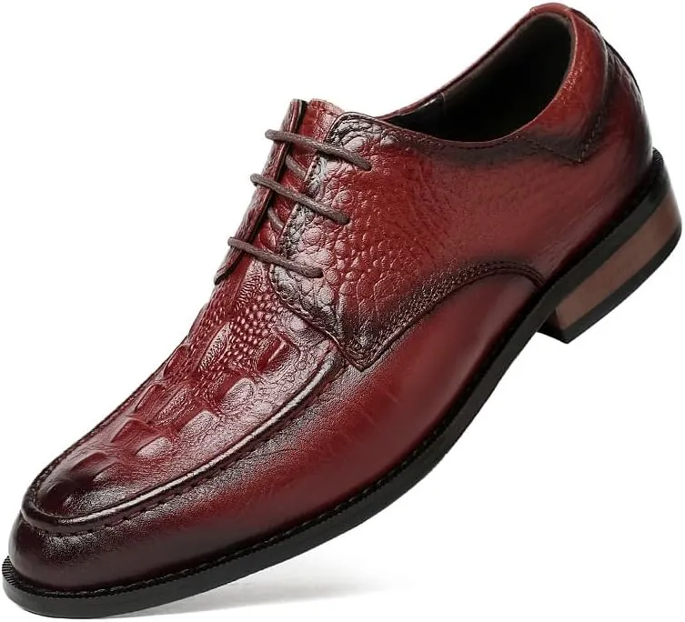 Formal Shoes Dress Oxford for Men Lace Up Round Burnished Toe Genuine Leather Crocodile Print Derby Shoes Non Slip Resistant Rubber Sole Anti-Slip