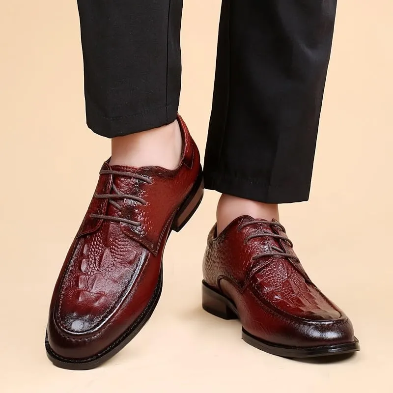 Formal Shoes Dress Oxford for Men Lace Up Round Burnished Toe Genuine Leather Crocodile Print Derby Shoes Non Slip Resistant Rubber Sole Anti-Slip