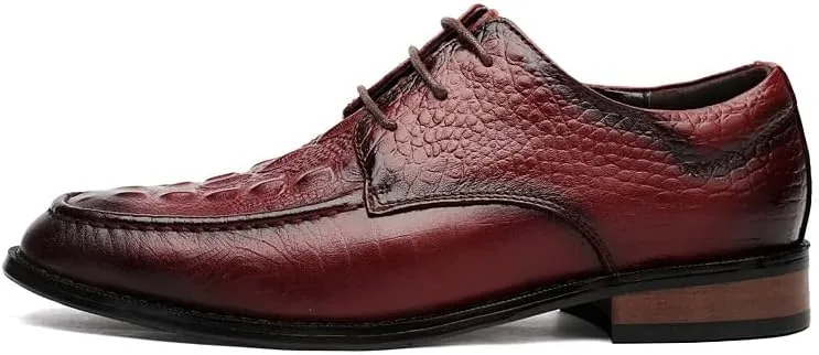 Formal Shoes Dress Oxford for Men Lace Up Round Burnished Toe Genuine Leather Crocodile Print Derby Shoes Non Slip Resistant Rubber Sole Anti-Slip