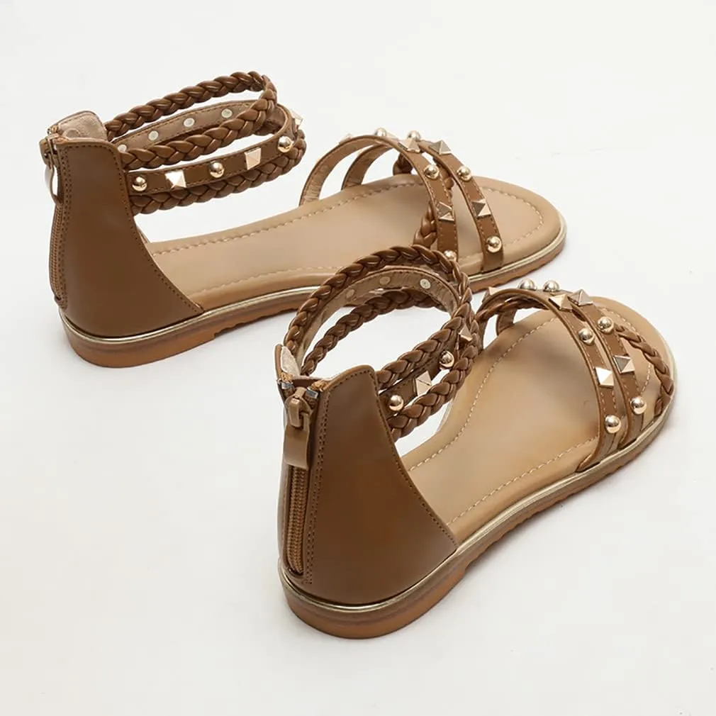 FRALOSHA Flat Sandals for Women Open Toe Summer Dressy Flat Rivet Beach Sandal Ankle Strap Casual Shoes with Zipper
