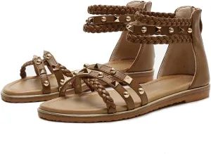 FRALOSHA Flat Sandals for Women Open Toe Summer Dressy Flat Rivet Beach Sandal Ankle Strap Casual Shoes with Zipper
