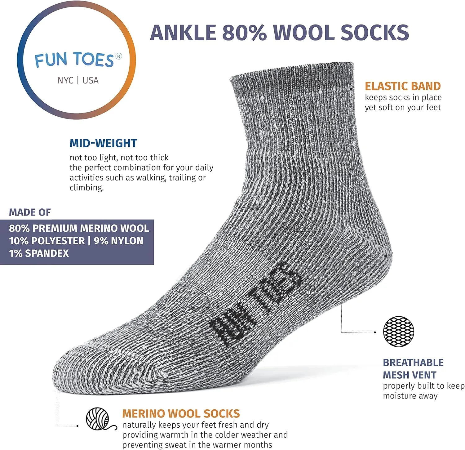 FUN TOES Men's 80% Wool Ankle Socks 6 Pairs Strong Arch Support Winter Cushioned Bottom Ideal for Hiking