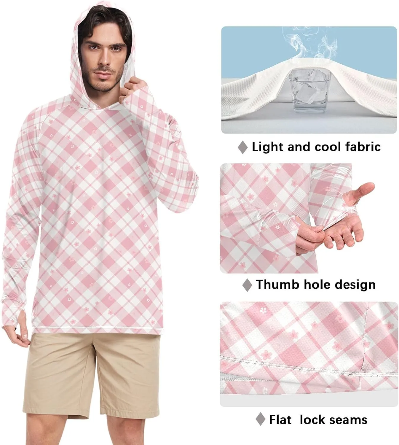 Gingham Dusty Rose Mens Sun Protection Hoodie Long Sleeve UPF 50   Sun Shirt with Hood Sun Proof Shirts UV Hooded Rash Guard