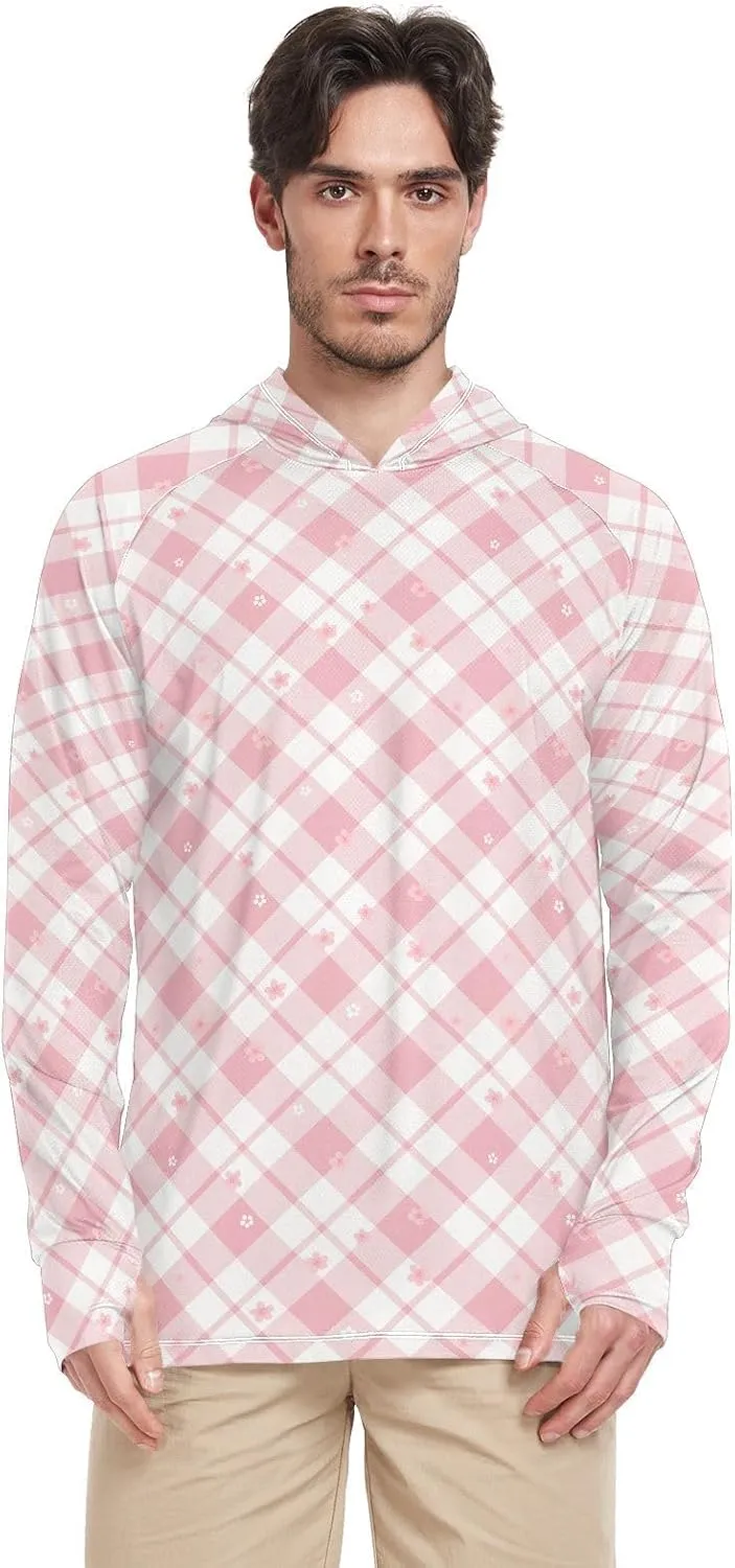 Gingham Dusty Rose Mens Sun Protection Hoodie Long Sleeve UPF 50   Sun Shirt with Hood Sun Proof Shirts UV Hooded Rash Guard