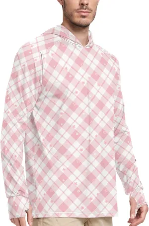 Gingham Dusty Rose Mens Sun Protection Hoodie Long Sleeve UPF 50   Sun Shirt with Hood Sun Proof Shirts UV Hooded Rash Guard