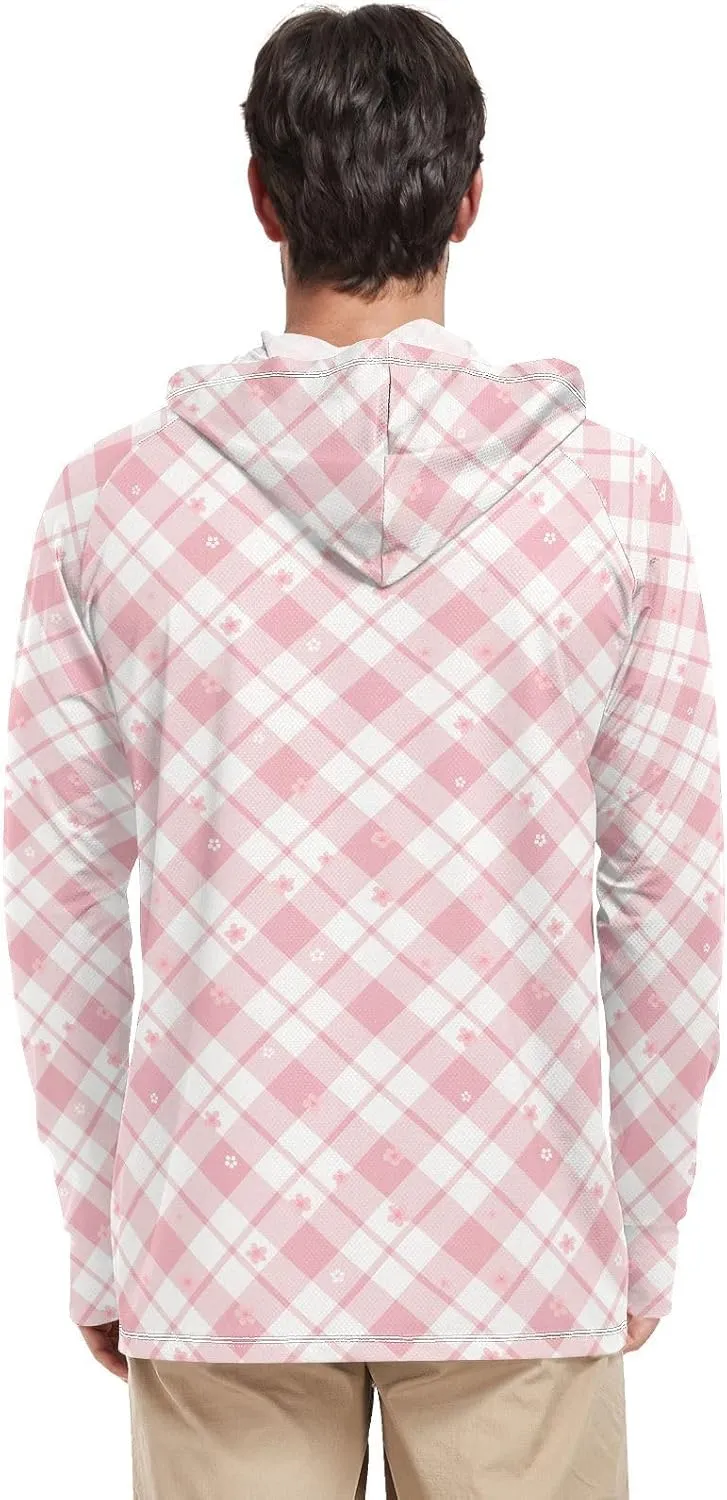 Gingham Dusty Rose Mens Sun Protection Hoodie Long Sleeve UPF 50   Sun Shirt with Hood Sun Proof Shirts UV Hooded Rash Guard