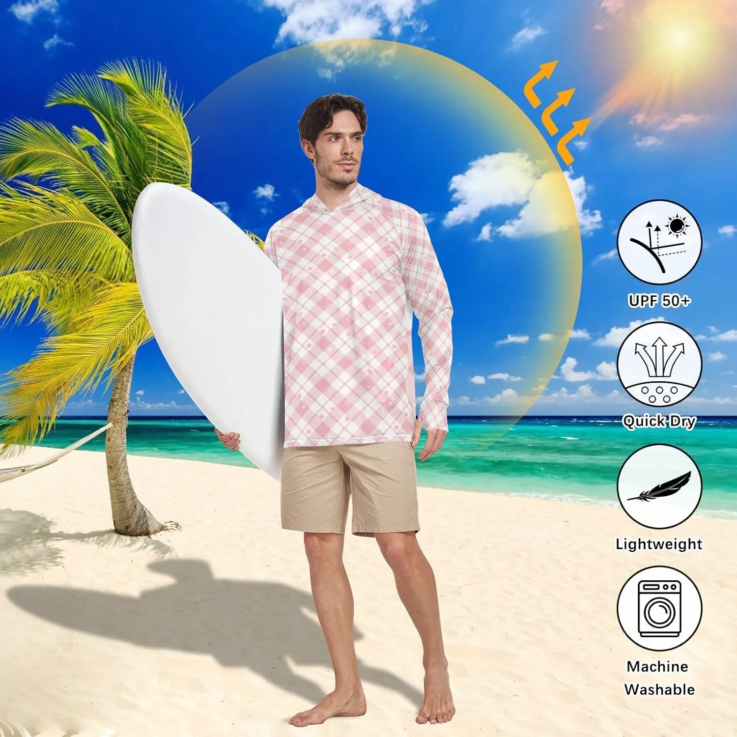 Gingham Dusty Rose Mens Sun Protection Hoodie Long Sleeve UPF 50   Sun Shirt with Hood Sun Proof Shirts UV Hooded Rash Guard