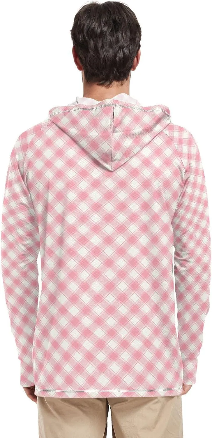 Gingham Fuchsia Sun Shirt Hoodie for Men Long Sleeve UPF 50   Mens Sun Shirts Beach Hoodie Rash Guard with Hood