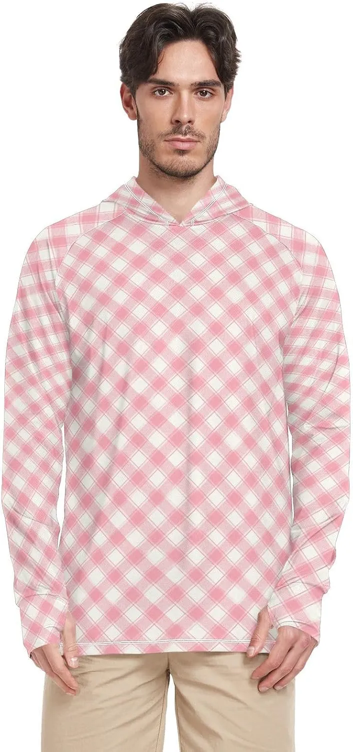 Gingham Fuchsia Sun Shirt Hoodie for Men Long Sleeve UPF 50   Mens Sun Shirts Beach Hoodie Rash Guard with Hood