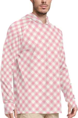 Gingham Fuchsia Sun Shirt Hoodie for Men Long Sleeve UPF 50   Mens Sun Shirts Beach Hoodie Rash Guard with Hood