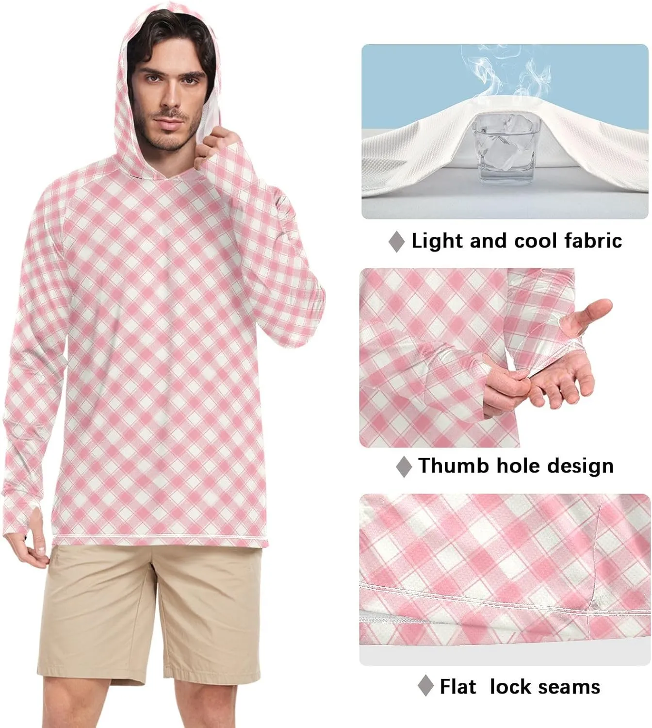 Gingham Fuchsia Sun Shirt Hoodie for Men Long Sleeve UPF 50   Mens Sun Shirts Beach Hoodie Rash Guard with Hood