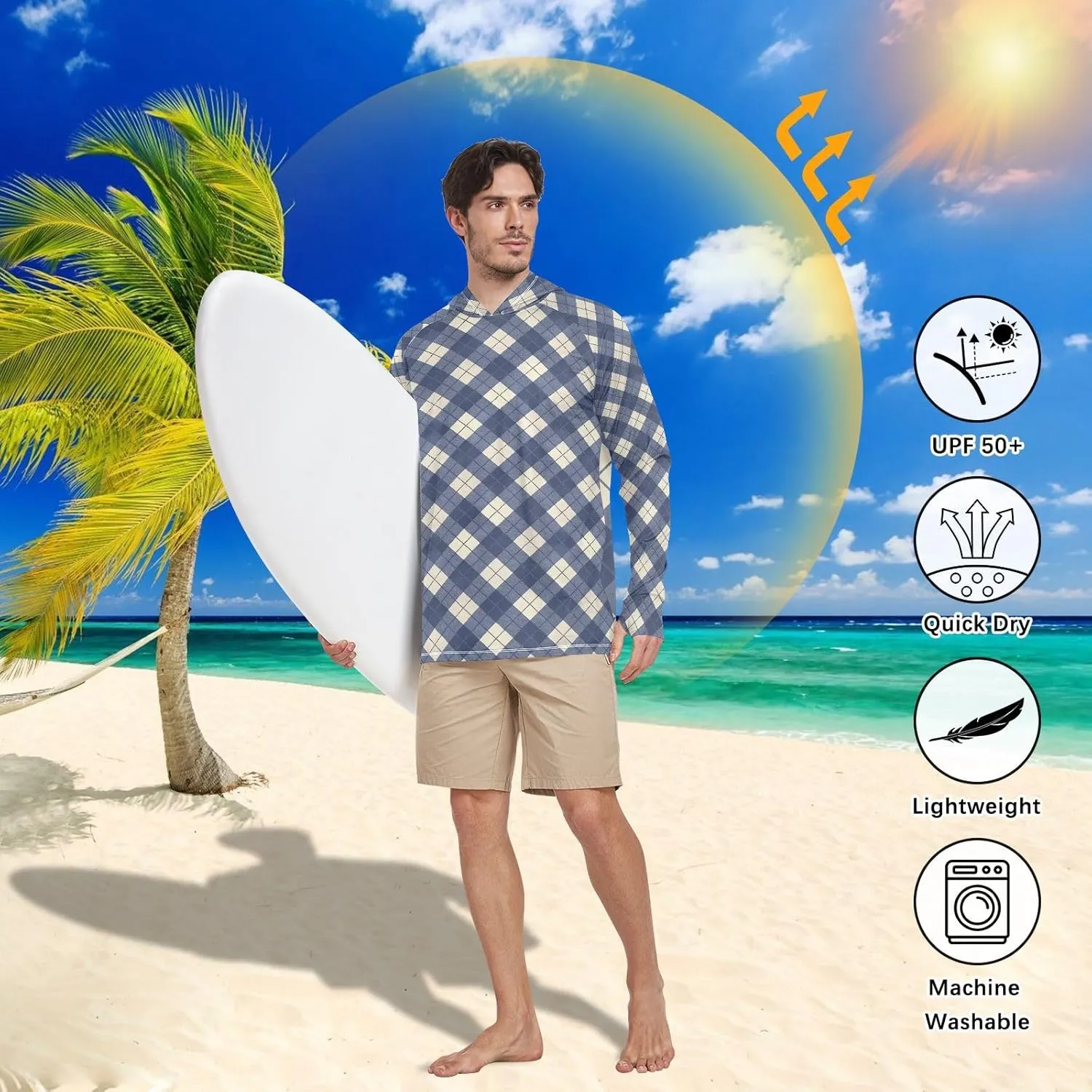 Gingham Men Sun Protection Hoodies Long Sleeve Sun Shirt with Hood UPF 50  Sailing Shirts UV Rashguard for Men