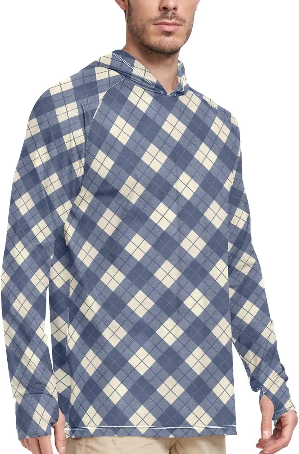Gingham Men Sun Protection Hoodies Long Sleeve Sun Shirt with Hood UPF 50  Sailing Shirts UV Rashguard for Men