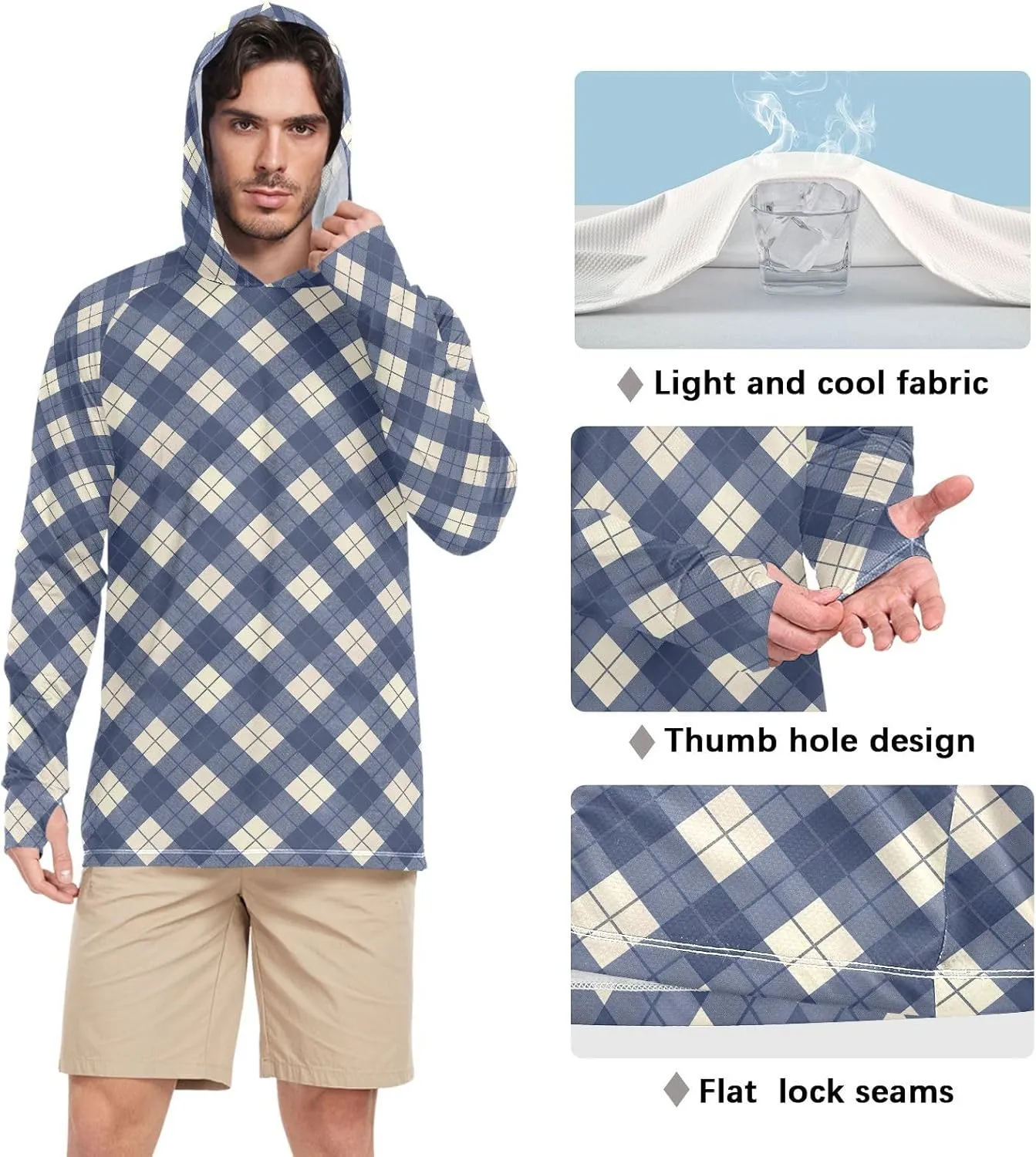 Gingham Men Sun Protection Hoodies Long Sleeve Sun Shirt with Hood UPF 50  Sailing Shirts UV Rashguard for Men