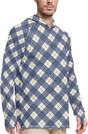 Gingham Men Sun Protection Hoodies Long Sleeve Sun Shirt with Hood UPF 50  Sailing Shirts UV Rashguard for Men