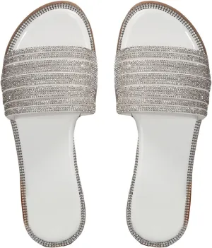 GORGLITTER Rhinestone Sparkly Sandals Dressy Slip on Summer Casual Fancy Flat Sandals Glitter Open Toe Slides