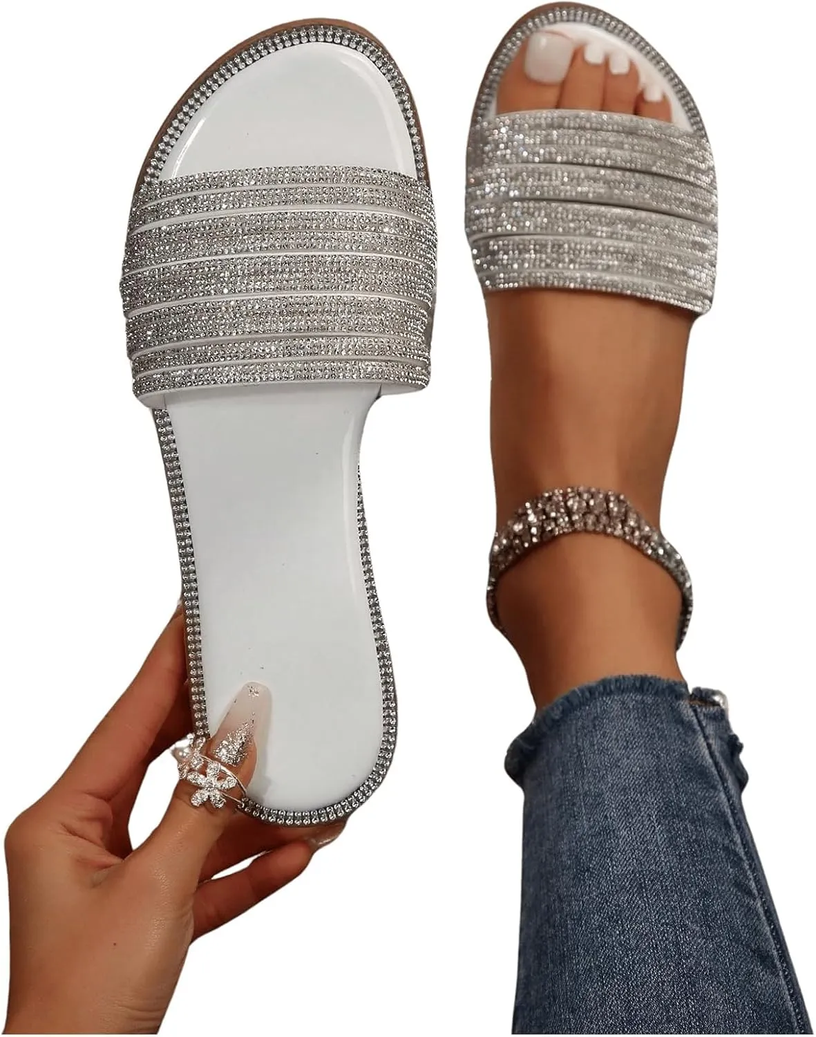 GORGLITTER Rhinestone Sparkly Sandals Dressy Slip on Summer Casual Fancy Flat Sandals Glitter Open Toe Slides
