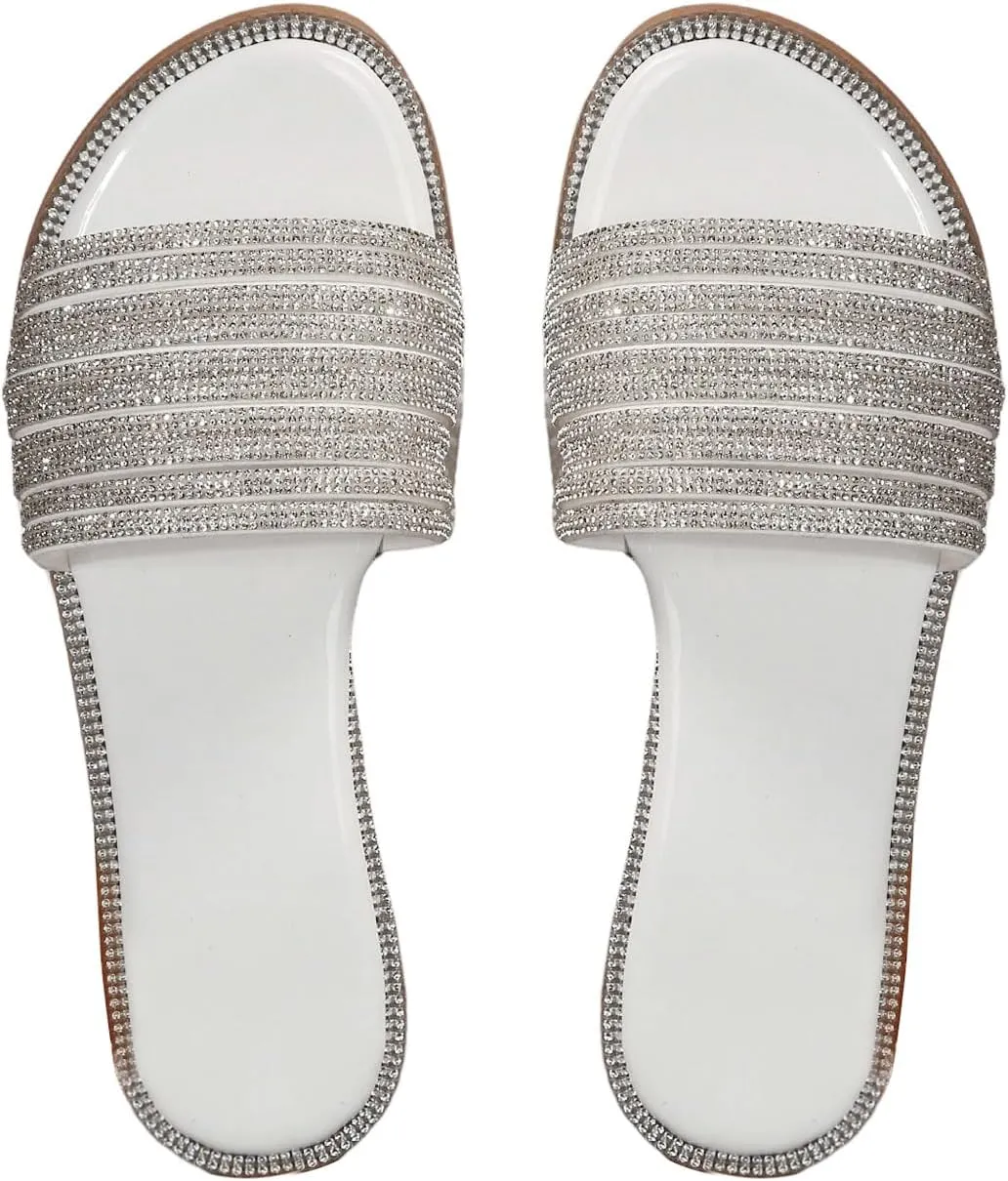 GORGLITTER Rhinestone Sparkly Sandals Dressy Slip on Summer Casual Fancy Flat Sandals Glitter Open Toe Slides