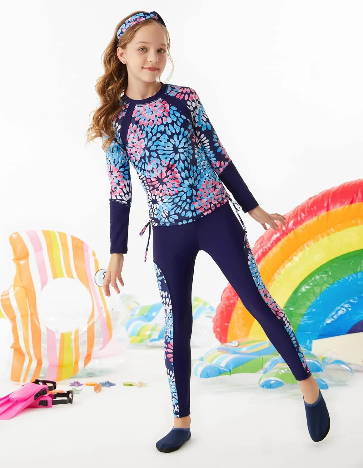 GRACE KARIN Girls Long Sleeve Swimsuit Two Piece Rashguard Floral Swimwear 6-14Y