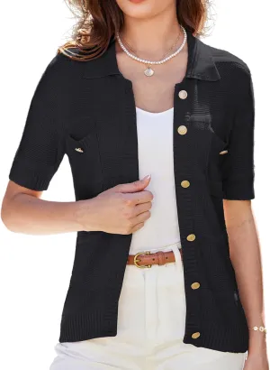 GRACE KARIN Women's Short Sleeve Summer Lightweight Cardigan Sweaters Button Up Polo Neck Crochet Blouse Dressy Casual