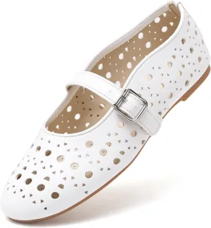 Greatonu Women's Flats Cut Out Round Toe Slip On Floral Ballet Flat Comfortable Lace Flats Dressy