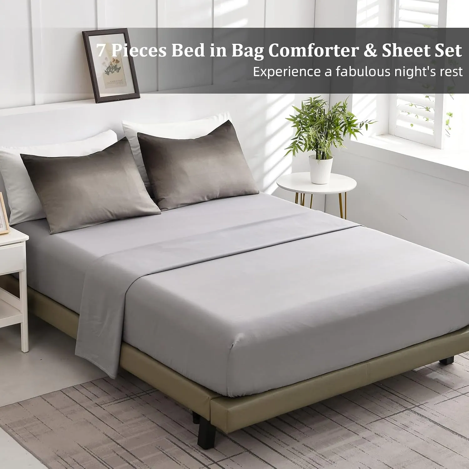 Grey Comforter Set Queen Size 7 Pieces Ombre Effects Gradient Black and Grey Bedding Bed in a Bag - All Season Lightweight Microfiber Bedding Sets with Comforter for Women Men Teens (90" x90")