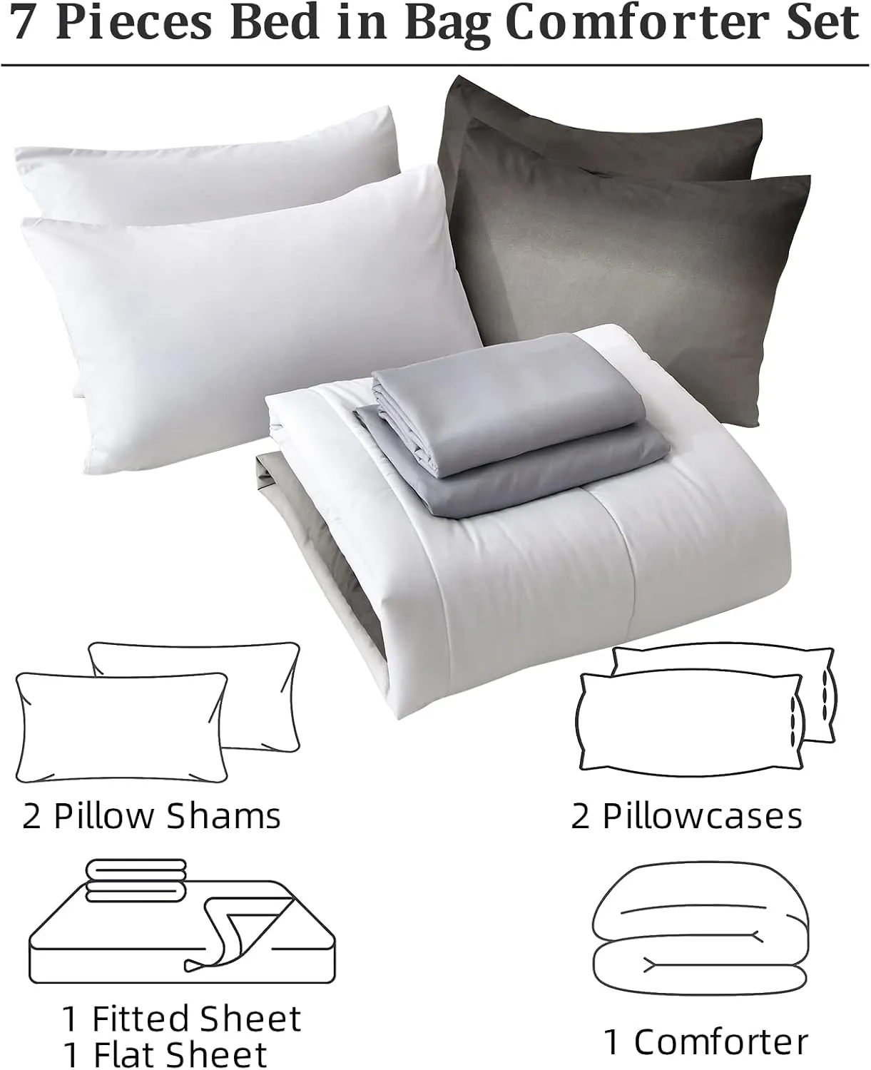 Grey Comforter Set Queen Size 7 Pieces Ombre Effects Gradient Black and Grey Bedding Bed in a Bag - All Season Lightweight Microfiber Bedding Sets with Comforter for Women Men Teens (90" x90")