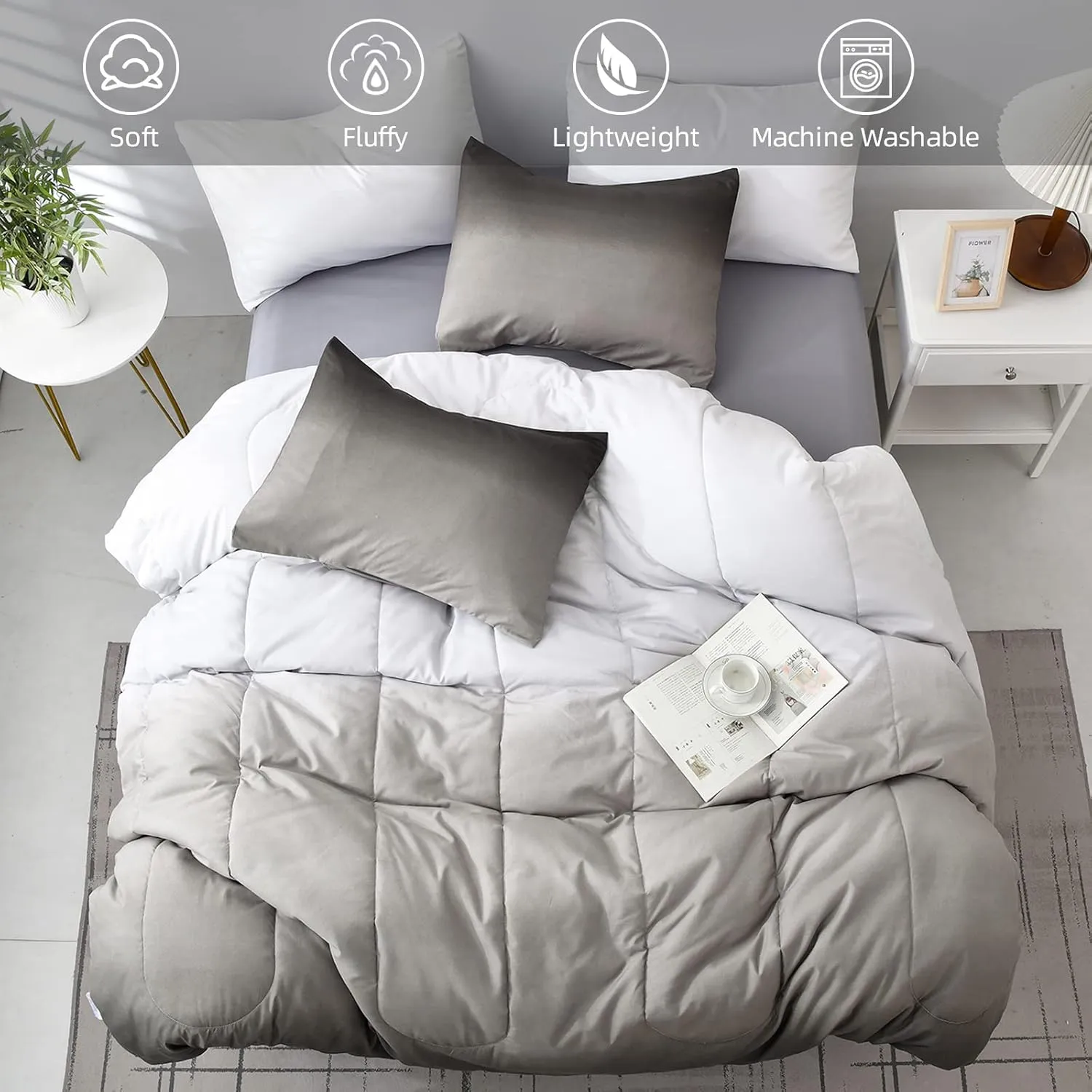 Grey Comforter Set Queen Size 7 Pieces Ombre Effects Gradient Black and Grey Bedding Bed in a Bag - All Season Lightweight Microfiber Bedding Sets with Comforter for Women Men Teens (90" x90")