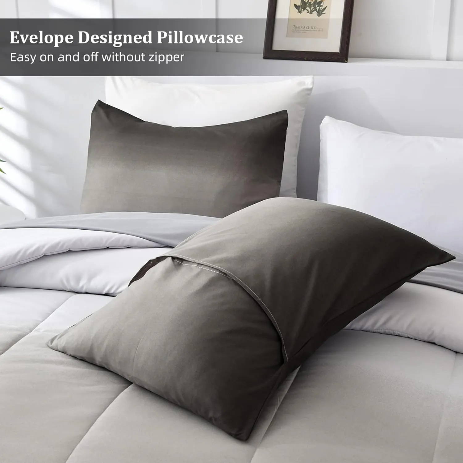 Grey Comforter Set Queen Size 7 Pieces Ombre Effects Gradient Black and Grey Bedding Bed in a Bag - All Season Lightweight Microfiber Bedding Sets with Comforter for Women Men Teens (90" x90")