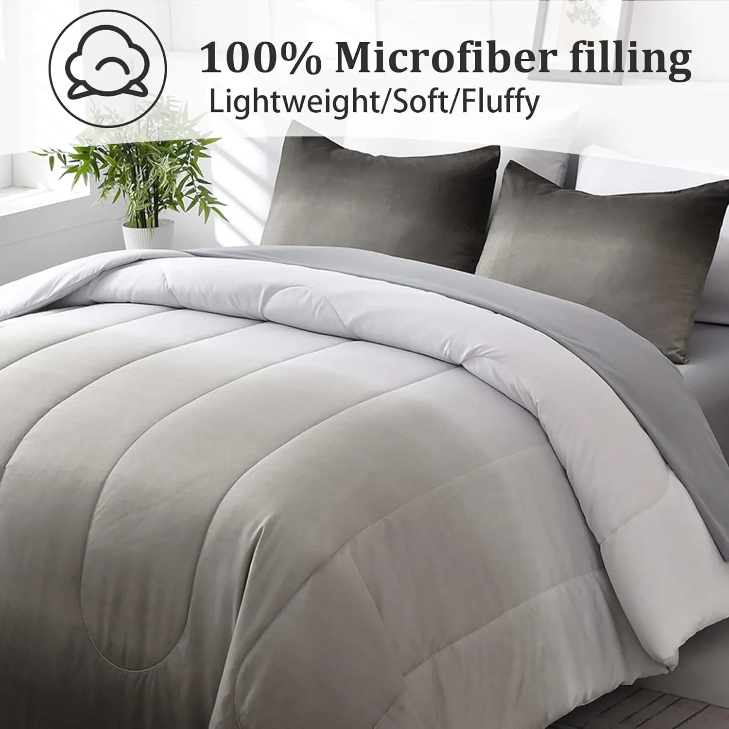 Grey Comforter Set Queen Size 7 Pieces Ombre Effects Gradient Black and Grey Bedding Bed in a Bag - All Season Lightweight Microfiber Bedding Sets with Comforter for Women Men Teens (90" x90")