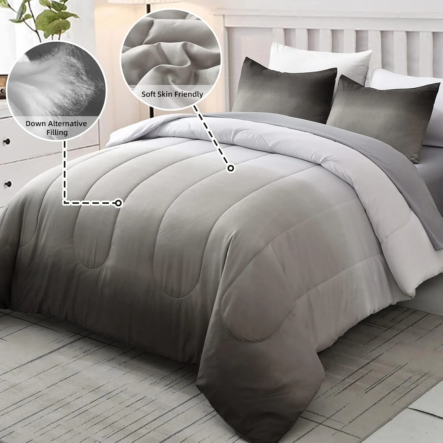 Grey Comforter Set Queen Size 7 Pieces Ombre Effects Gradient Black and Grey Bedding Bed in a Bag - All Season Lightweight Microfiber Bedding Sets with Comforter for Women Men Teens (90" x90")
