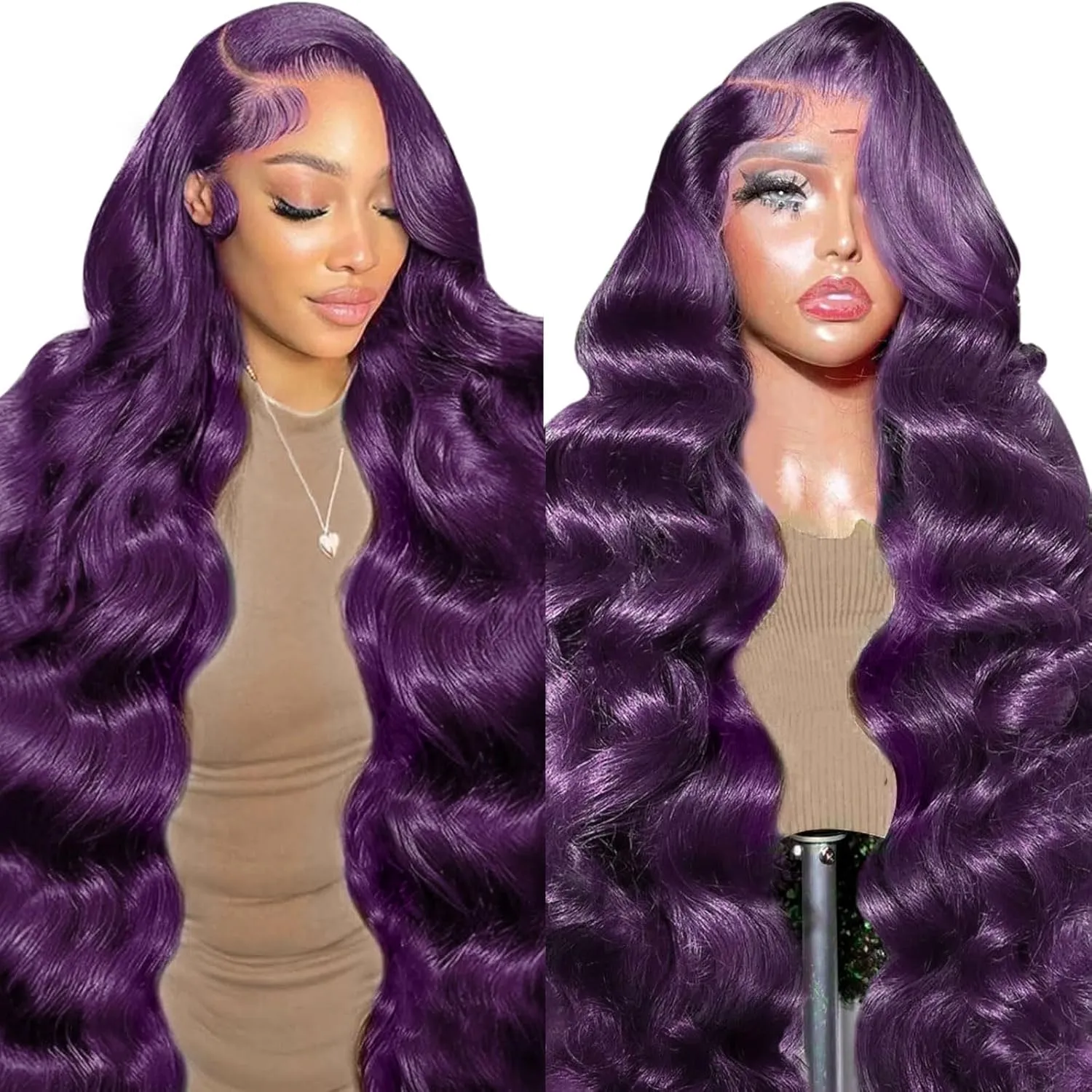 haha Dark Purple Human Hair Wig 13x6 Body Wave Deep Purple Lace Front Wig Human Hair Plum Purple Transparent HD Lace Frontal Wigs Glueless Pre Plucked 180% Density 22 Inch