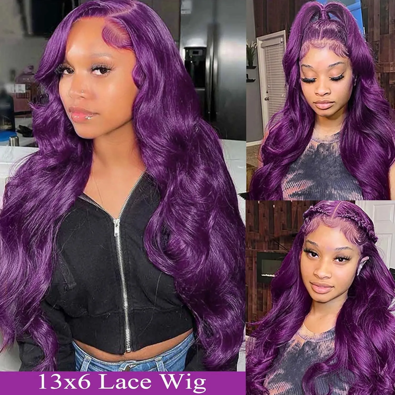 haha Dark Purple Human Hair Wig 13x6 Body Wave Deep Purple Lace Front Wig Human Hair Plum Purple Transparent HD Lace Frontal Wigs Glueless Pre Plucked 180% Density 22 Inch
