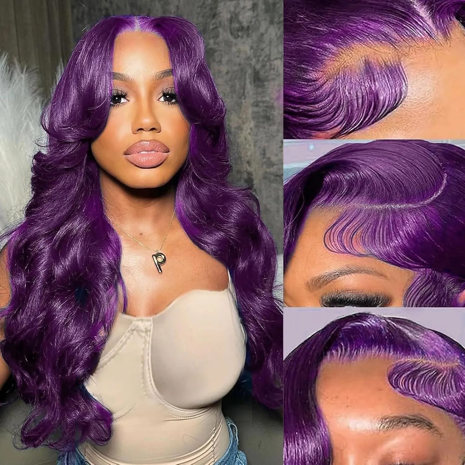 haha Dark Purple Human Hair Wig 13x6 Body Wave Deep Purple Lace Front Wig Human Hair Plum Purple Transparent HD Lace Frontal Wigs Glueless Pre Plucked 180% Density 22 Inch