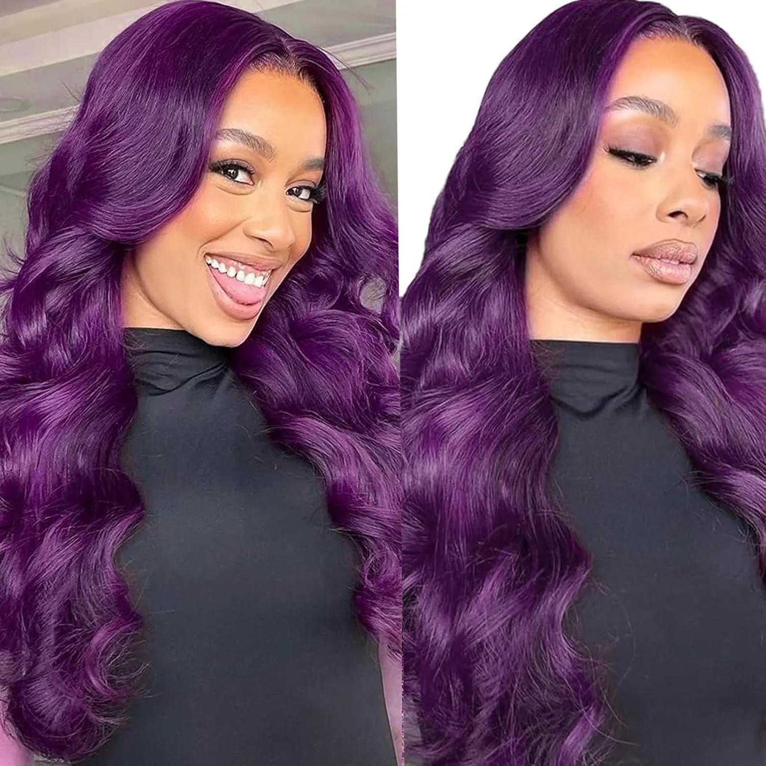 haha Dark Purple Human Hair Wig 13x6 Body Wave Deep Purple Lace Front Wig Human Hair Plum Purple Transparent HD Lace Frontal Wigs Glueless Pre Plucked 180% Density 22 Inch