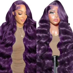 haha Dark Purple Human Hair Wig 13x6 Body Wave Deep Purple Lace Front Wig Human Hair Plum Purple Transparent HD Lace Frontal Wigs Glueless Pre Plucked 180% Density 22 Inch