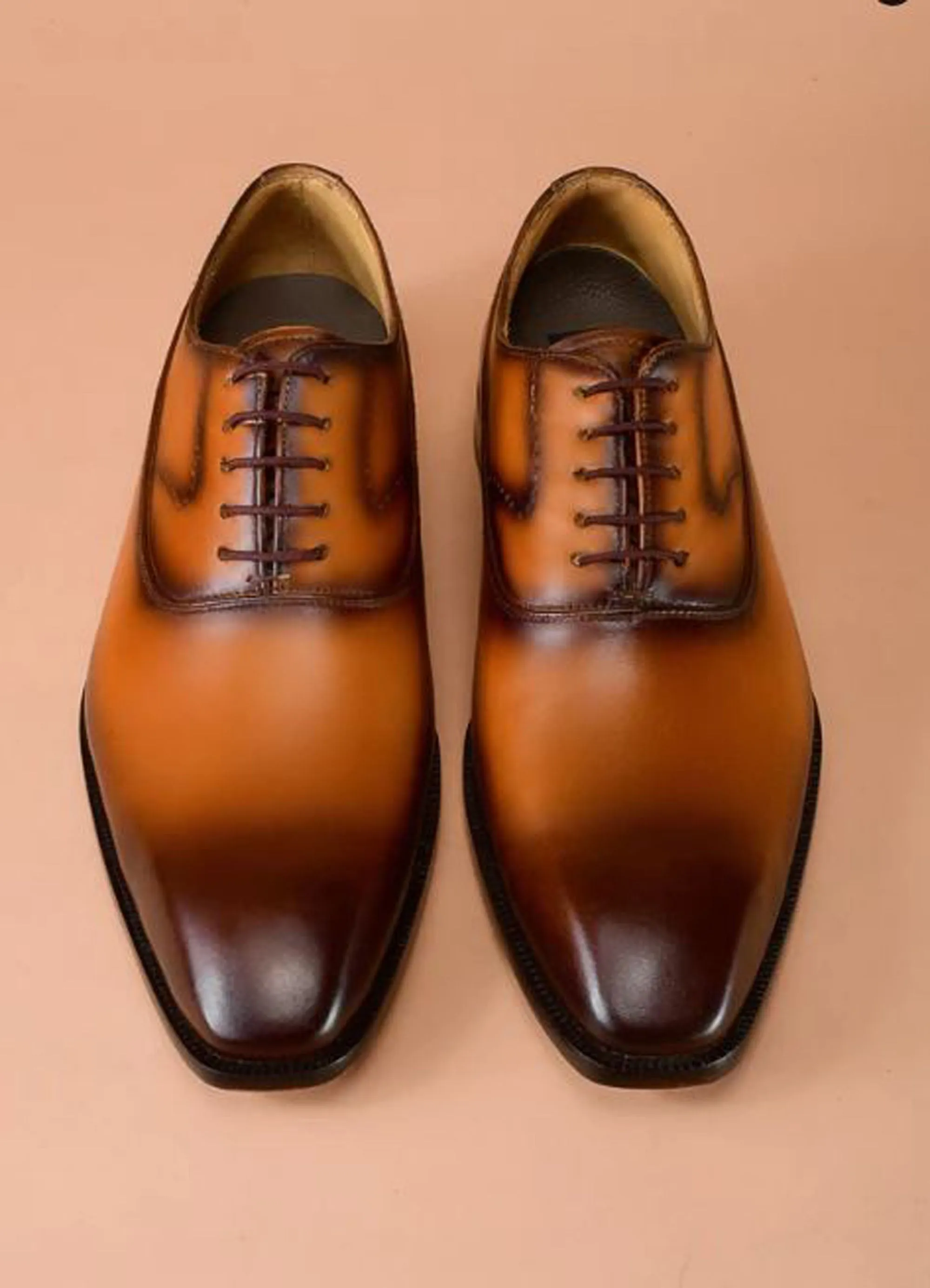 Handmade Dark Tan Two Shaded Color Genuine Calf Leather Stylish Lace Up Dress Shoes For Men's