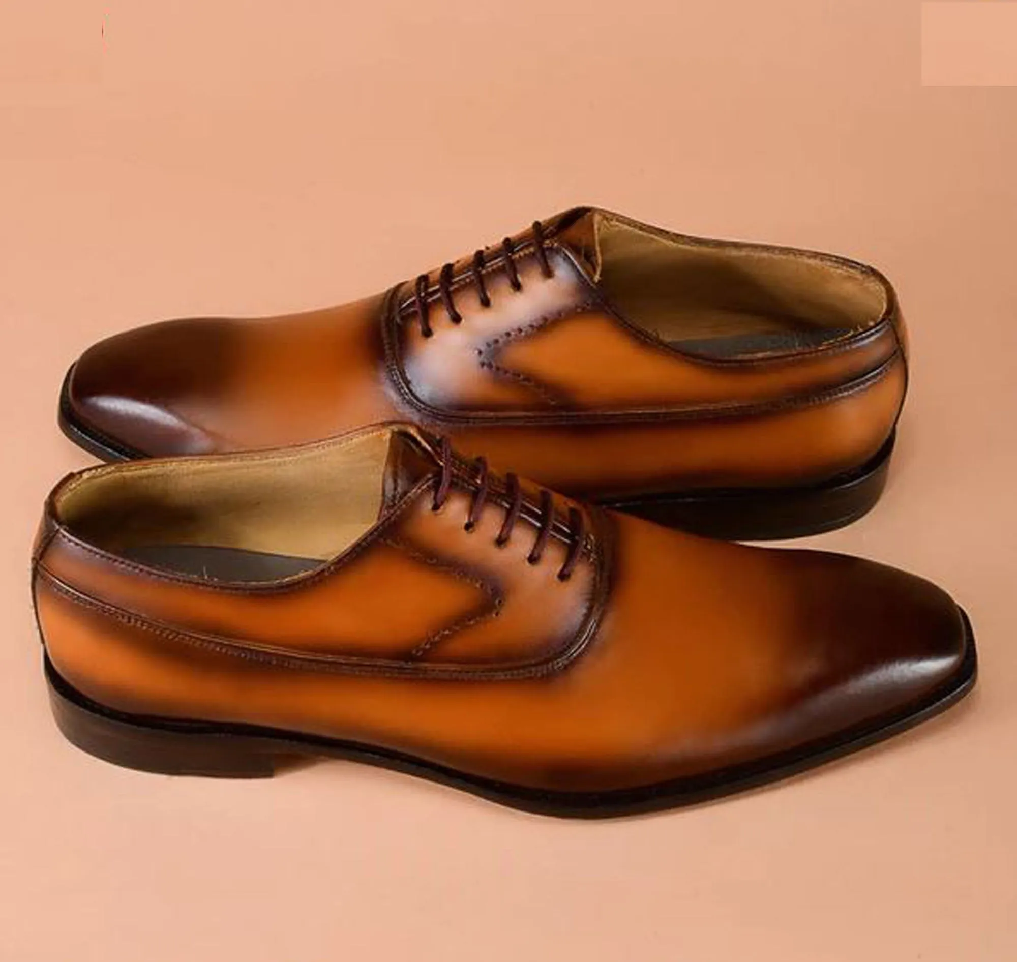Handmade Dark Tan Two Shaded Color Genuine Calf Leather Stylish Lace Up Dress Shoes For Men's
