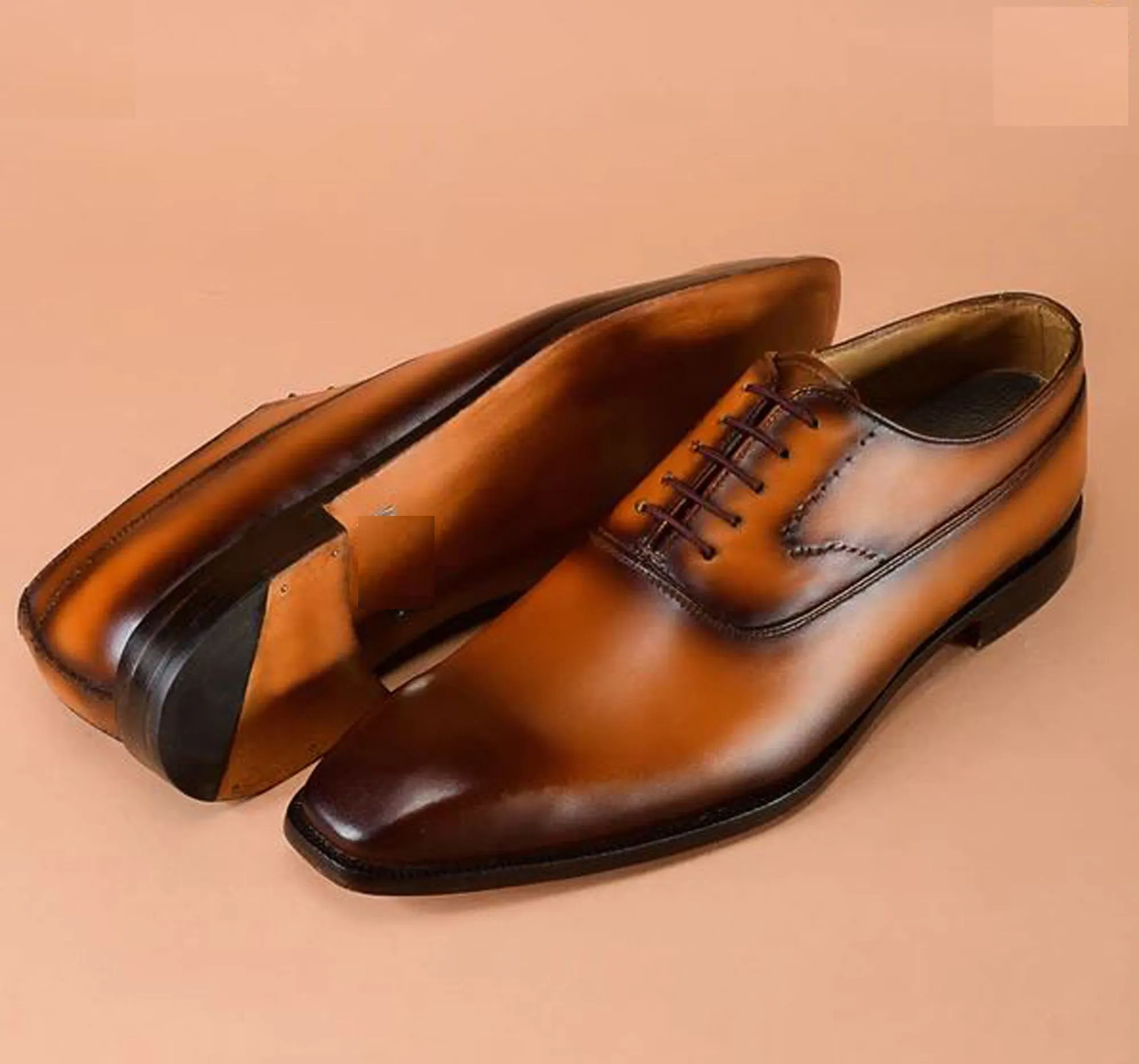 Handmade Dark Tan Two Shaded Color Genuine Calf Leather Stylish Lace Up Dress Shoes For Men's