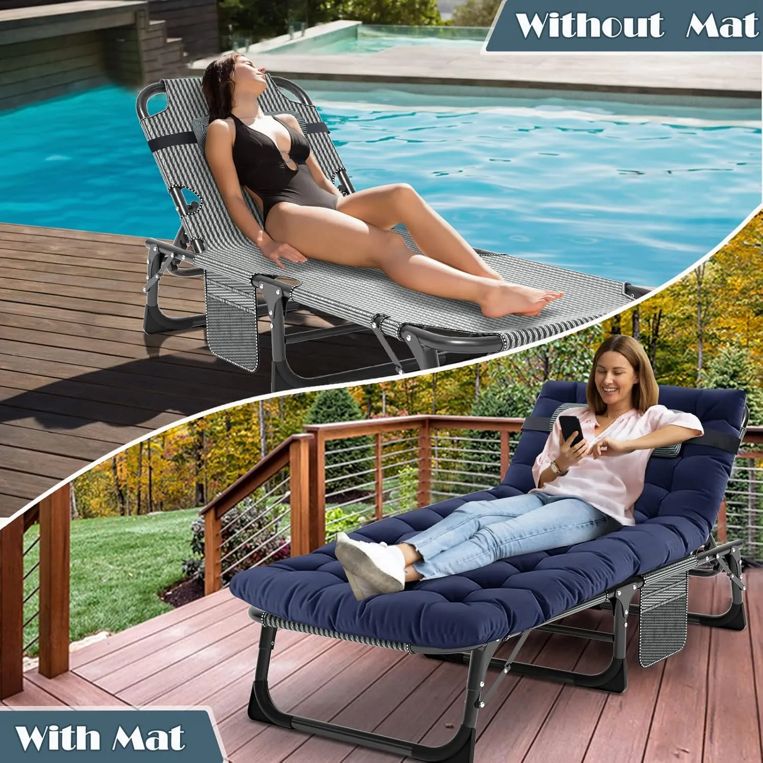 Heavy Duty Folding Camping Chair Adjustable Camping Recliner 5 Positions Portable Beach Lounge Chair with Removable Cushion, Support 500lbs for Adults
