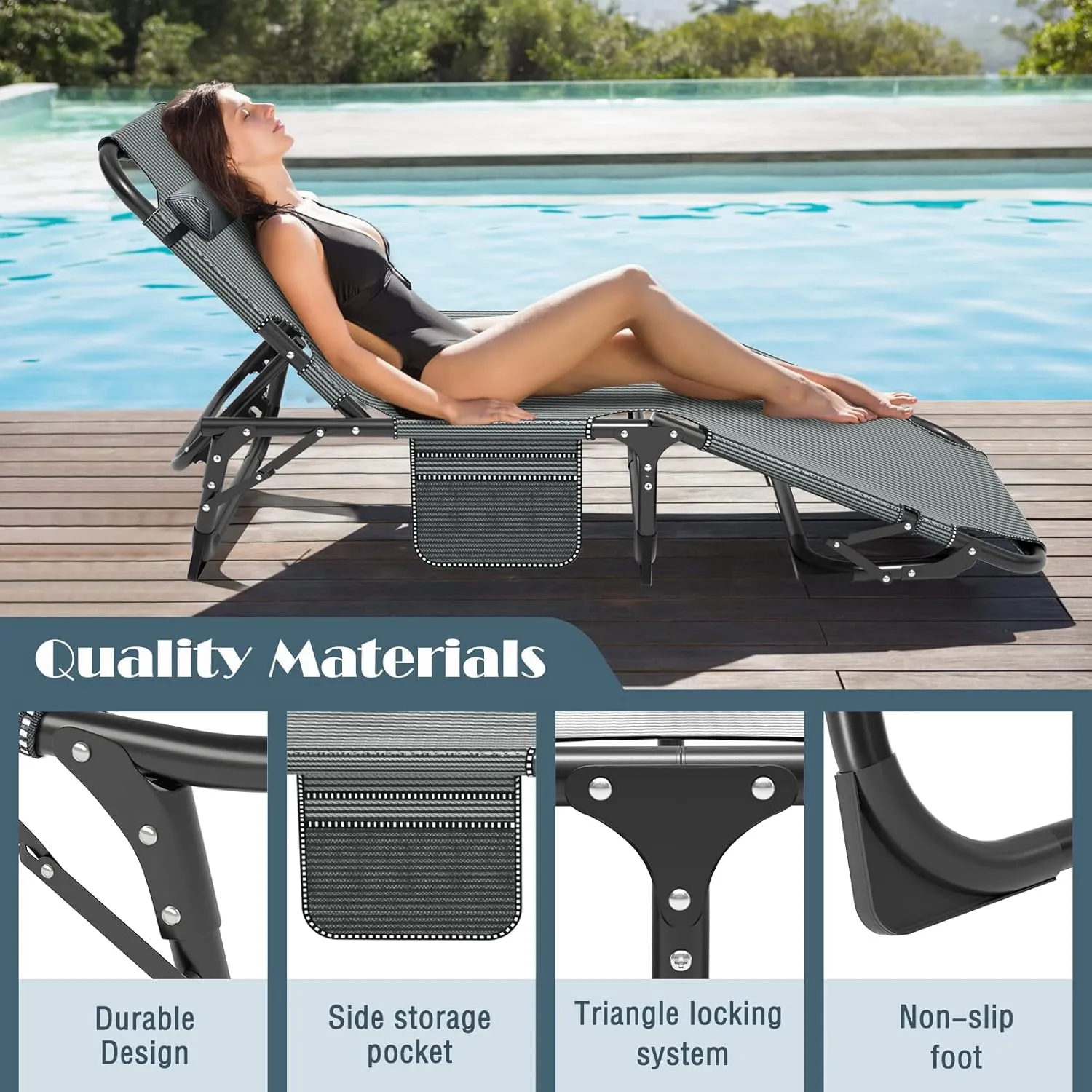 Heavy Duty Folding Camping Chair Adjustable Camping Recliner 5 Positions Portable Beach Lounge Chair with Removable Cushion, Support 500lbs for Adults