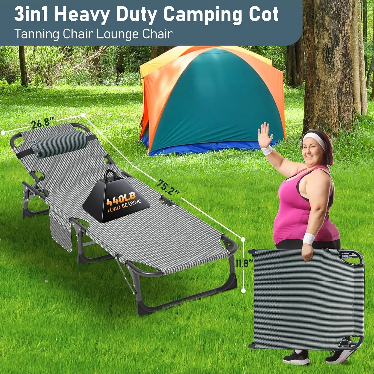 Heavy Duty Folding Camping Chair Adjustable Camping Recliner 5 Positions Portable Beach Lounge Chair with Removable Cushion, Support 500lbs for Adults