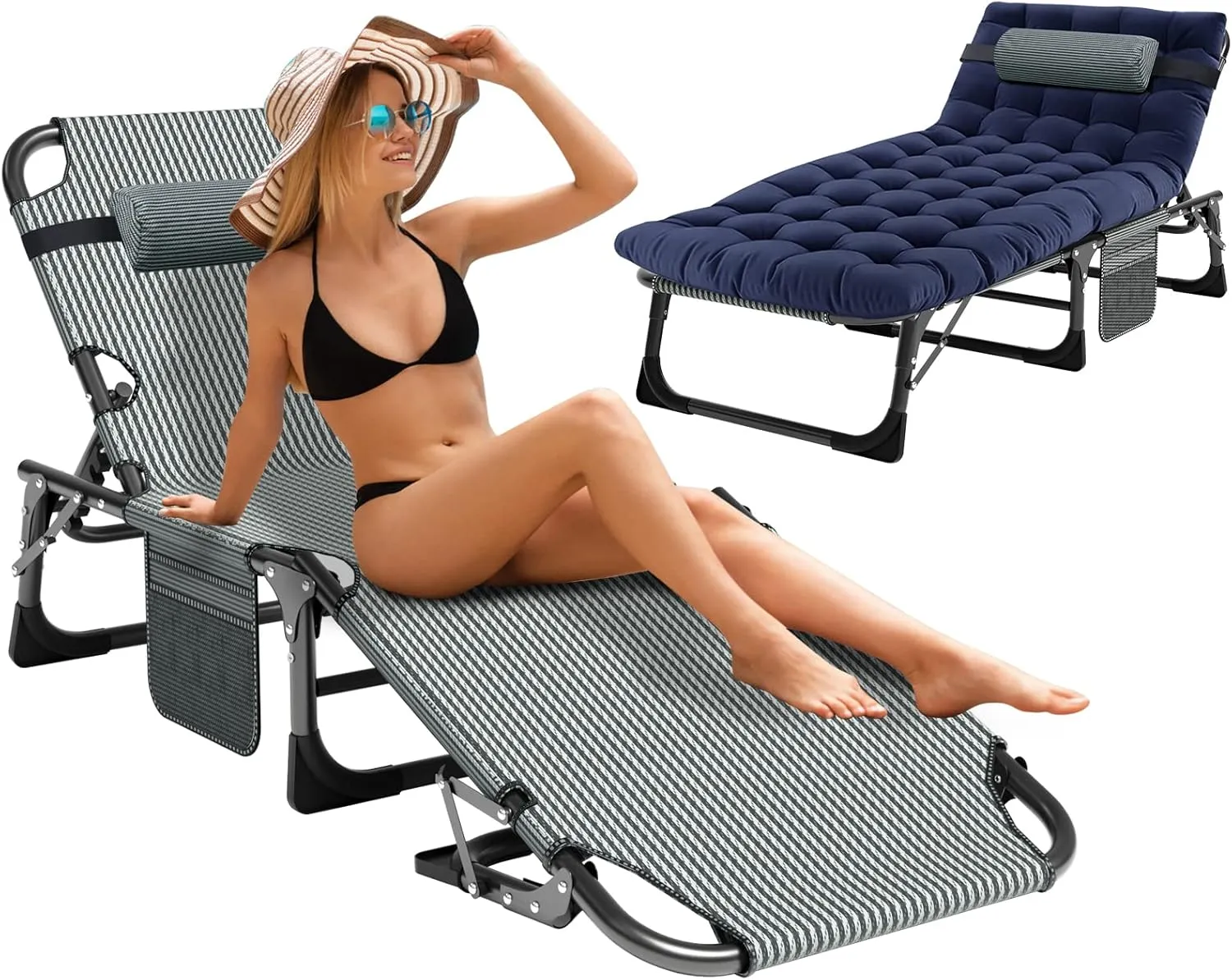 Heavy Duty Folding Camping Chair Adjustable Camping Recliner 5 Positions Portable Beach Lounge Chair with Removable Cushion, Support 500lbs for Adults