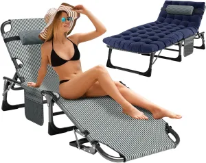 Heavy Duty Folding Camping Chair Adjustable Camping Recliner 5 Positions Portable Beach Lounge Chair with Removable Cushion, Support 500lbs for Adults