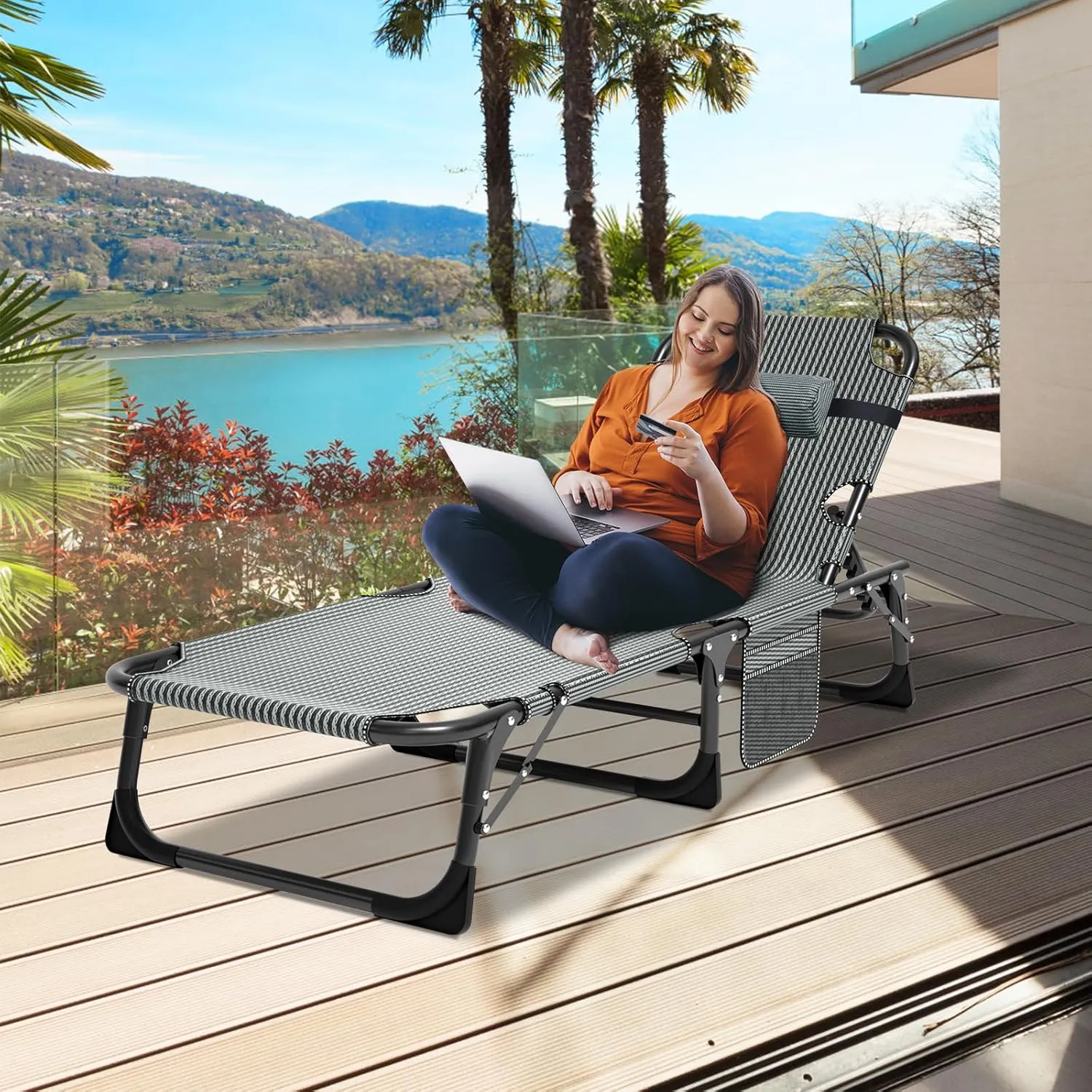 Heavy Duty Folding Camping Chair Adjustable Camping Recliner 5 Positions Portable Beach Lounge Chair with Removable Cushion, Support 500lbs for Adults