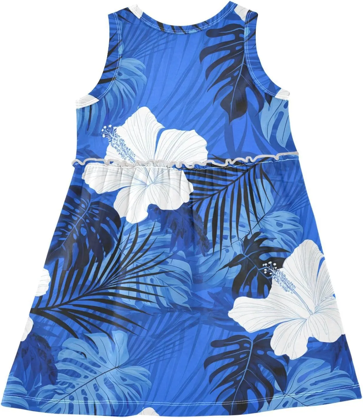 Hibiscus Leaves Profound Blue Girls Dress Sleeveless A-Line Sundress Summer Party Casual Swing Dresses for Toddler